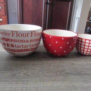 2006 Boston Warehouse Nesting Bowls-Set of 3 Red & White-Spices/Dots/Stripes-GUC